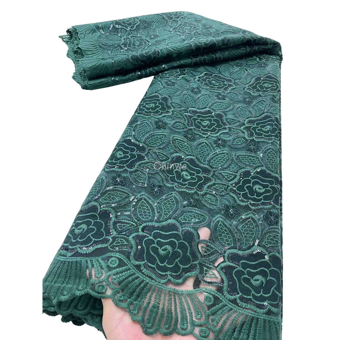 Emerald Green Champagne Gold & Pure White Floral Appliqué Lace with Scalloped Edge & Sequins Lace