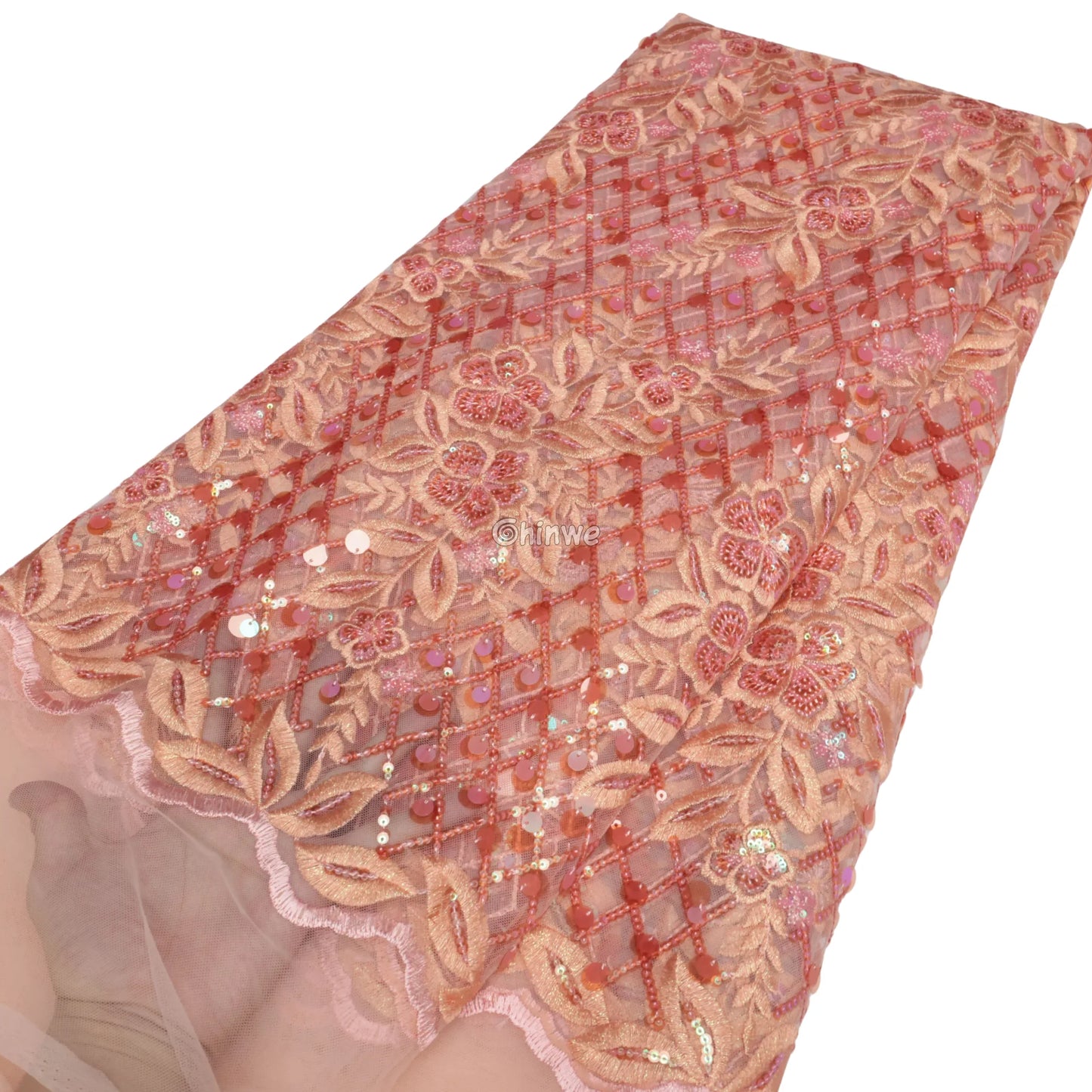 Coral Floral Grid Sequin Embroidered Tulle Lace – Luxury Mesh Fabric for Dressmaking Coral Bloom & Gold Lattice / 5