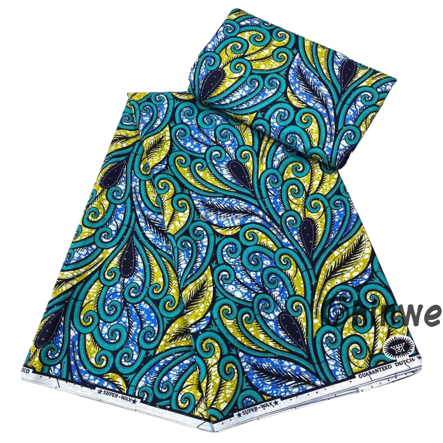 Teal and Yellow Scroll Leaf Motif on Blue Batik Print with Curved Lines & Feathered Accents Wax Cloth