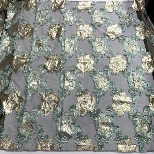 Jacquard Brocade Floral Lace Fabric with Metallic Embroidery and Sheer Mesh Backing Overlay Lace