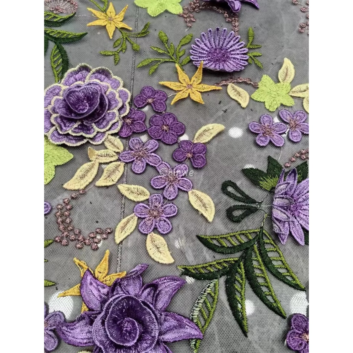 3D Floral Appliqué Lace on Sheer Mesh Raised Embroidered Flowers and Leaves Lace