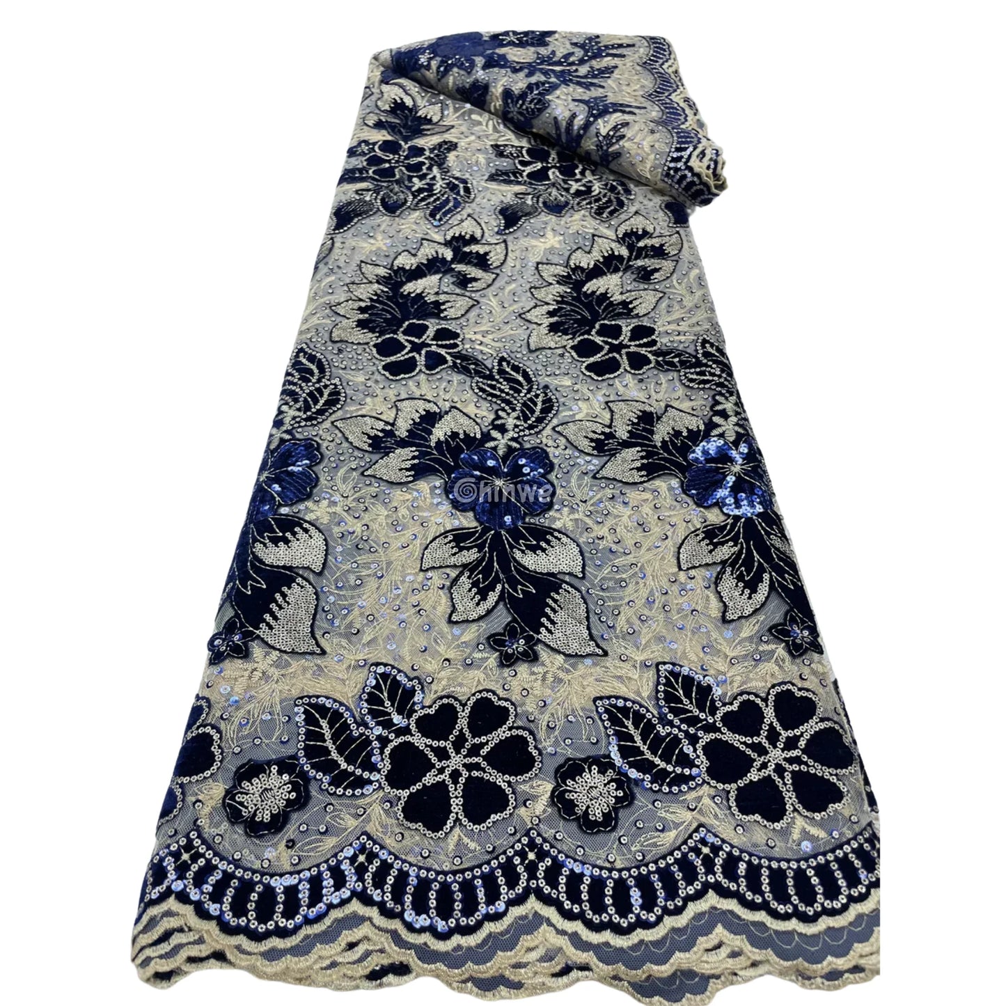 Champagne Mesh Floral Velvet Appliqué Sequined Lace Fabric with Scalloped Floral Edge