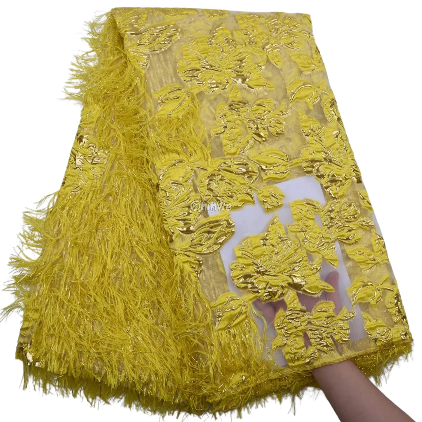 3D Floral Fringe Lace with Raised Embroidery & Metallic Fibers on Mesh Tulle Fabric Golden Yellow / 5yard Lace