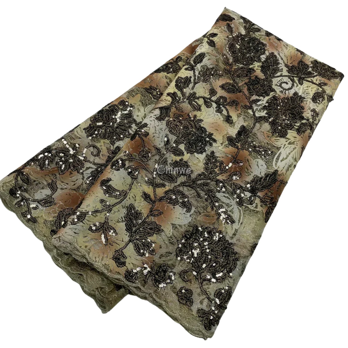 Sequined Floral Vine Embroidered Lace with Sheer Textured Base and Shimmer Finish Brown-beige with black sequins / 5
