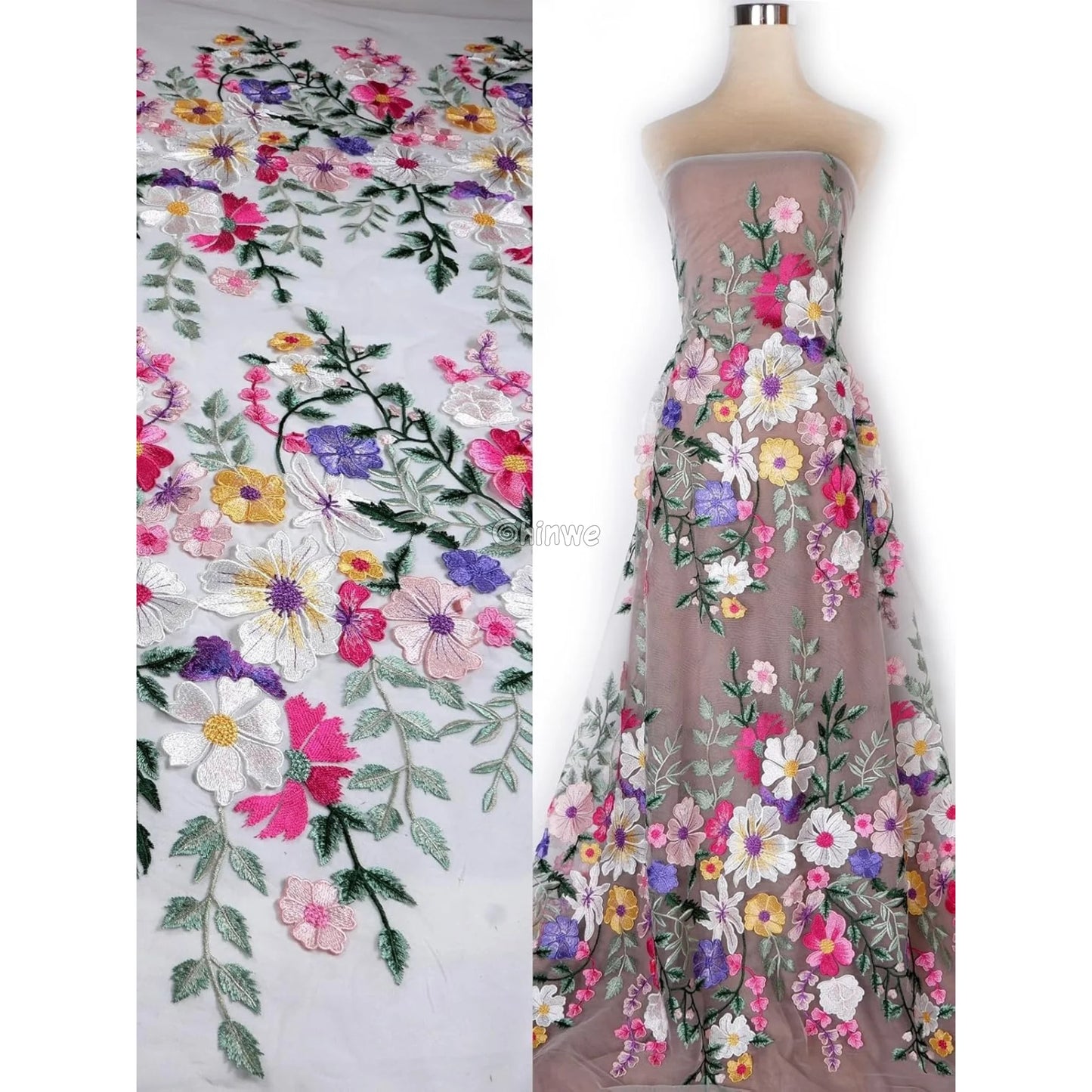 French Tulle Lace Floral Vine & 3D Appliqué Embroidery with Sheer Mesh for Couture Crafts Lace