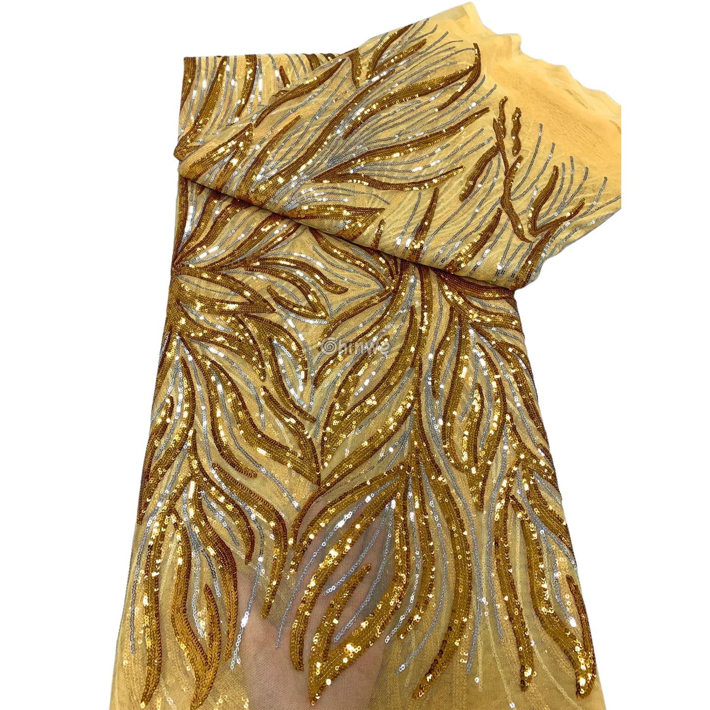 Sequin Embroidered Mesh Lace Fabric with Flowing Flame Motif and Sheer Illusion Base Champagne Gold / 5yard Lace