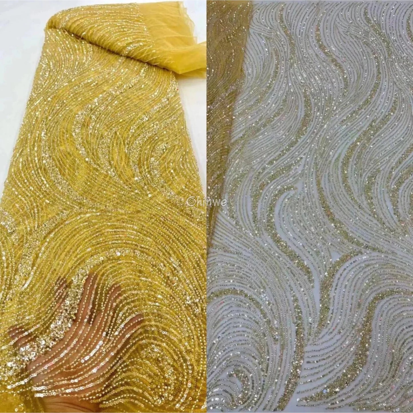 Sequined Swirl Embroidery on Sheer Mesh with Iridescent Highlights and Wave Pattern Detailing Lace