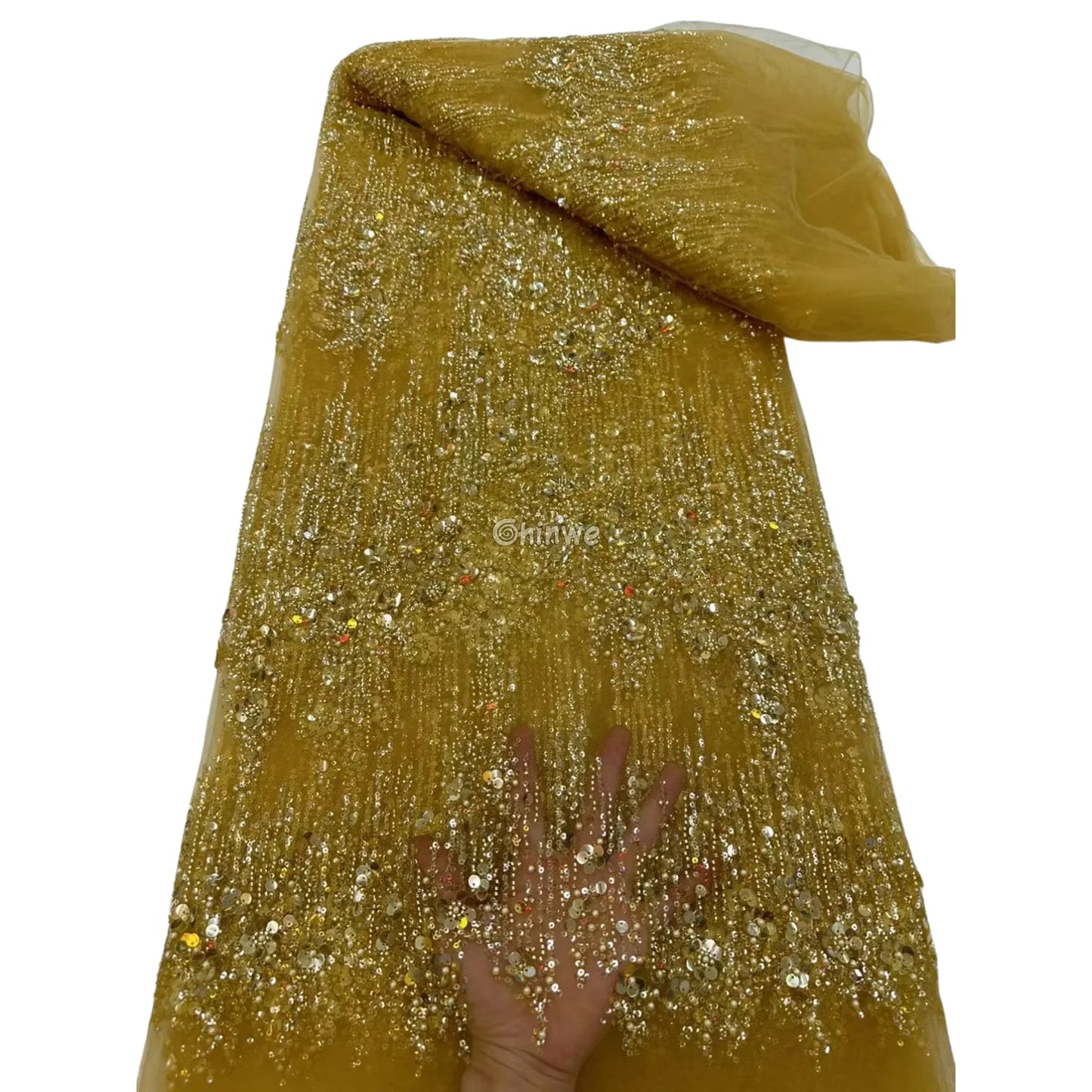 Sequin Beaded Tulle Mesh Fabric with Dripping Floral Shimmer & Textured Wave Pattern Goldenrod Yellow Sequin / 5 Yards