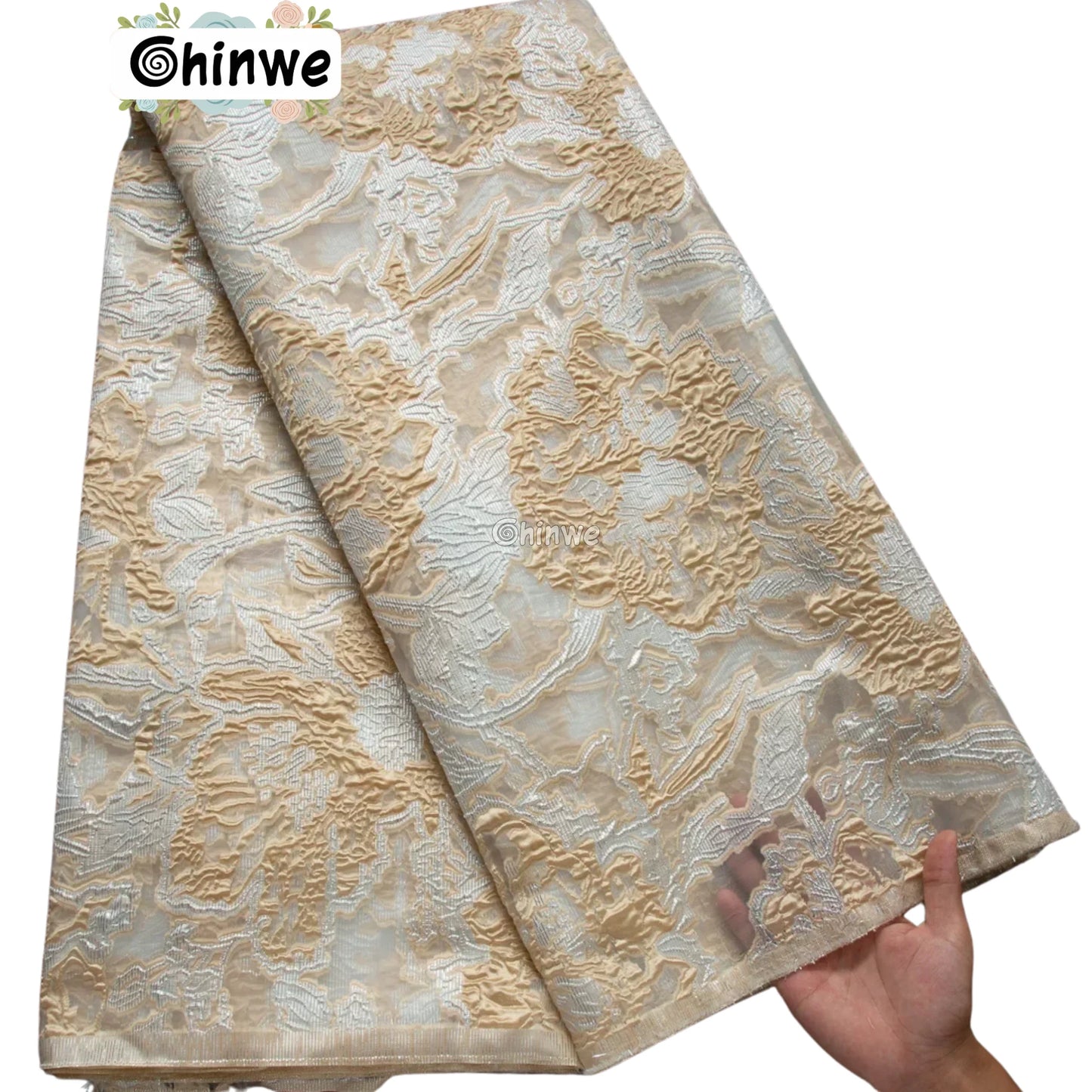 Textured Damask & Brocade Lace Fabric with Raised Floral Motif and Metallic Sheen Gradient