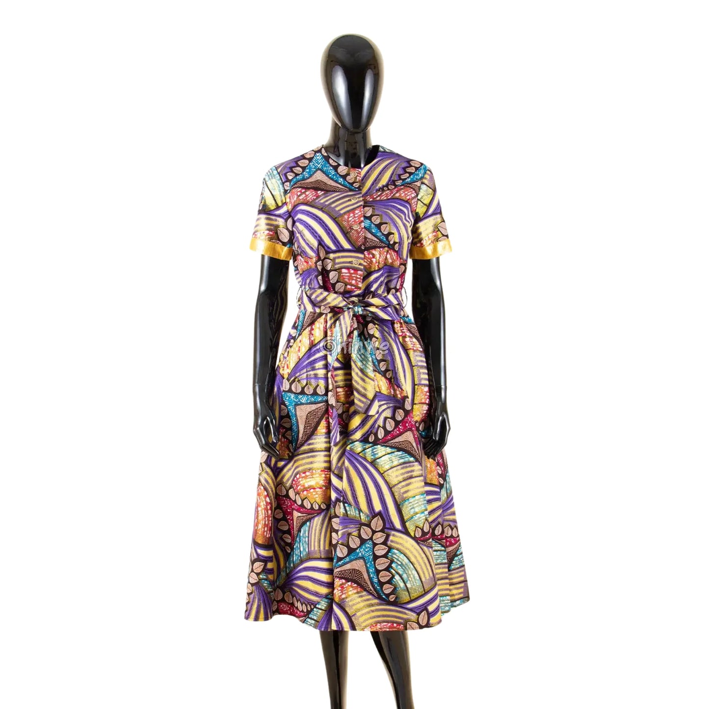 Ada Midi Belted Ankara Dress in Botanical Bloom Women’s Clothing