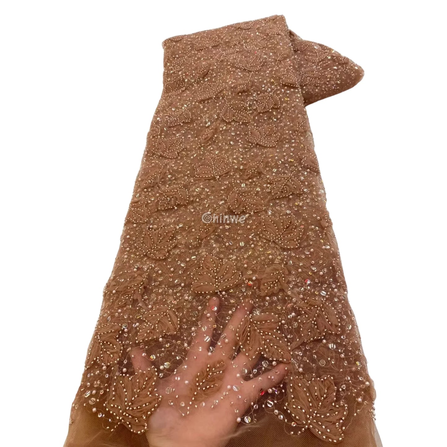 Beaded 3D Leaf Lace with Iridescent Accents on Soft Mesh for Luxury Garment Crafting Lace