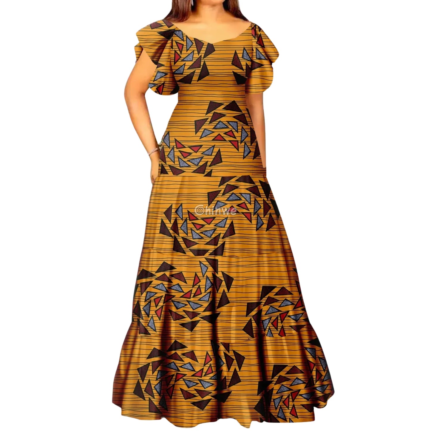 Palm Season High Waist Maxi Dress with Short Sleeves - Amber Leaf African Maxi / Customized - Women’s Clothing
