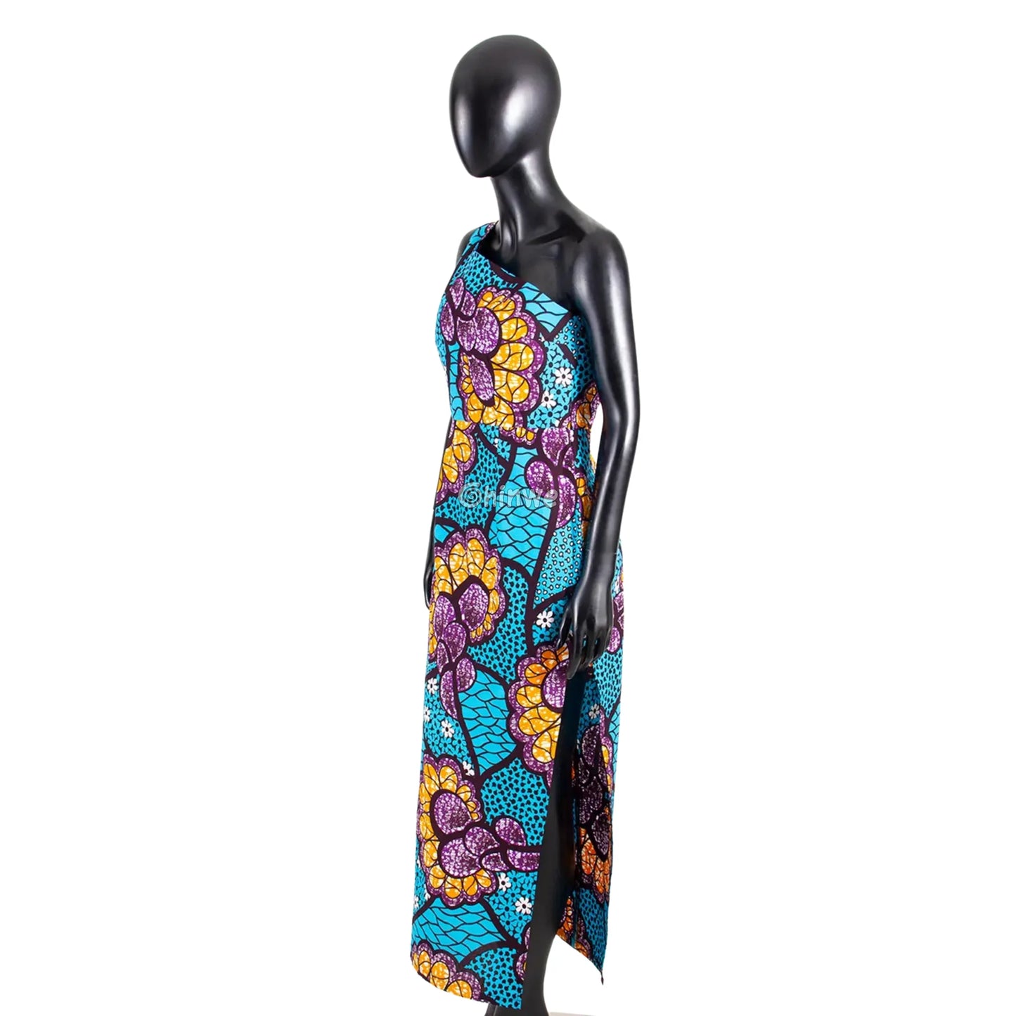 One-Shoulder High-Slit Maxi Dress in Ankara Print with Slim Fit Slash Neckline & Sleeveless Cut Women’s Clothing