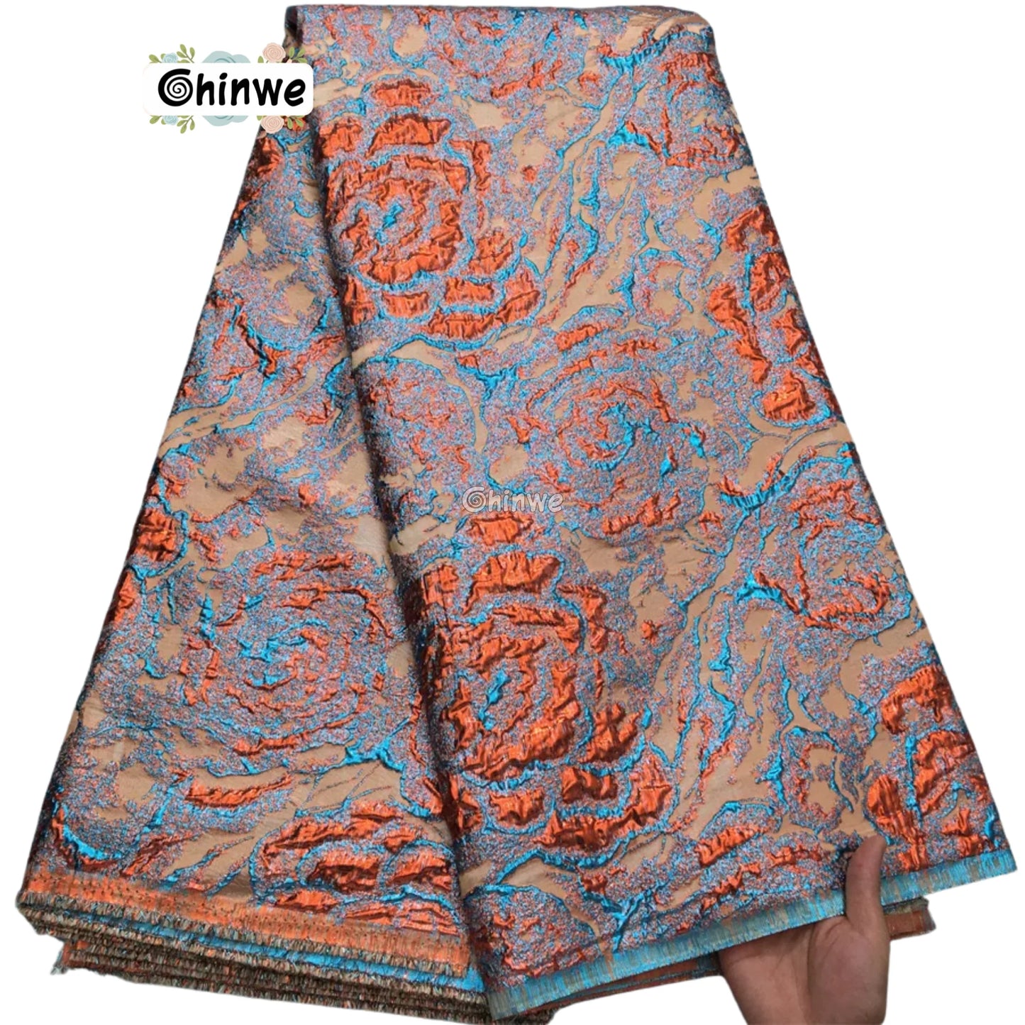 Textured Damask & Brocade Lace Fabric with Raised Floral Motif and Metallic Sheen Gradient