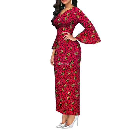 Imani One Shoulder Flare Sleeve Ankara Dress In Mystic Roots Crimson Swirl Bloom / Customized Women’s Clothing