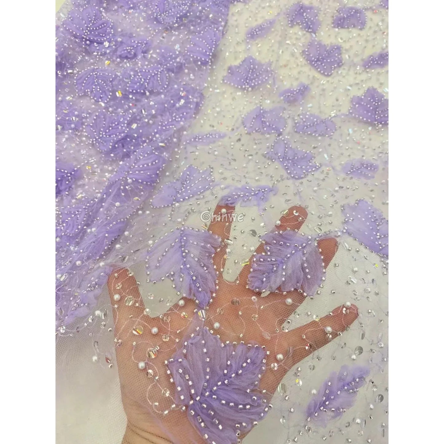 Beaded 3D Leaf Lace with Iridescent Accents on Soft Mesh for Luxury Garment Crafting Lace