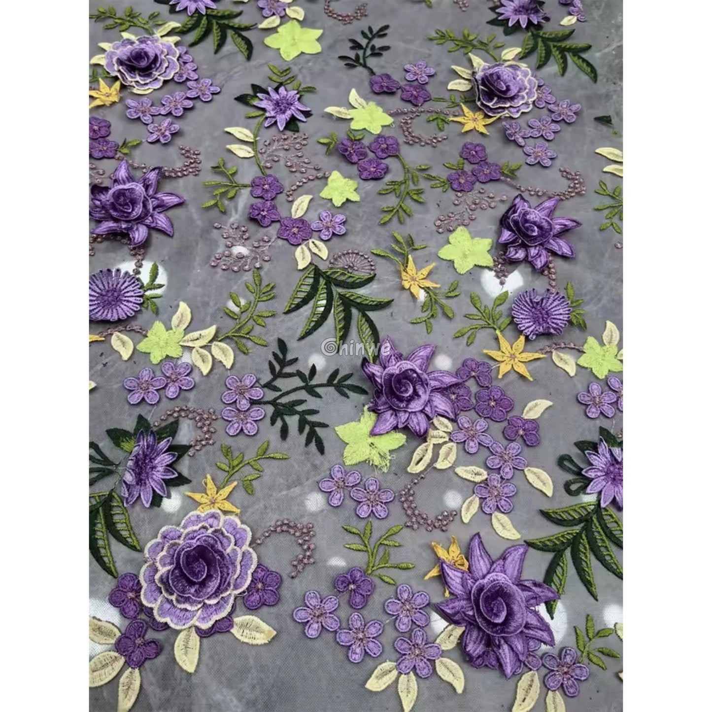 3D Floral Appliqué Lace on Sheer Mesh Raised Embroidered Flowers and Leaves Lace