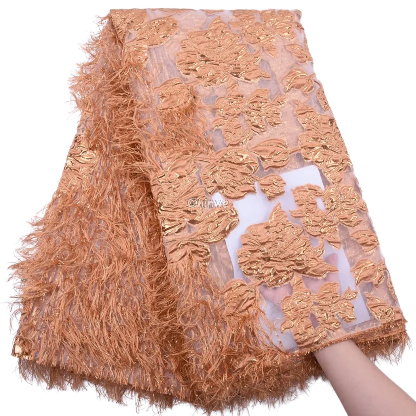 3D Floral Fringe Lace with Raised Embroidery & Metallic Fibers on Mesh Tulle Fabric Burnt Orange / 5yard Lace