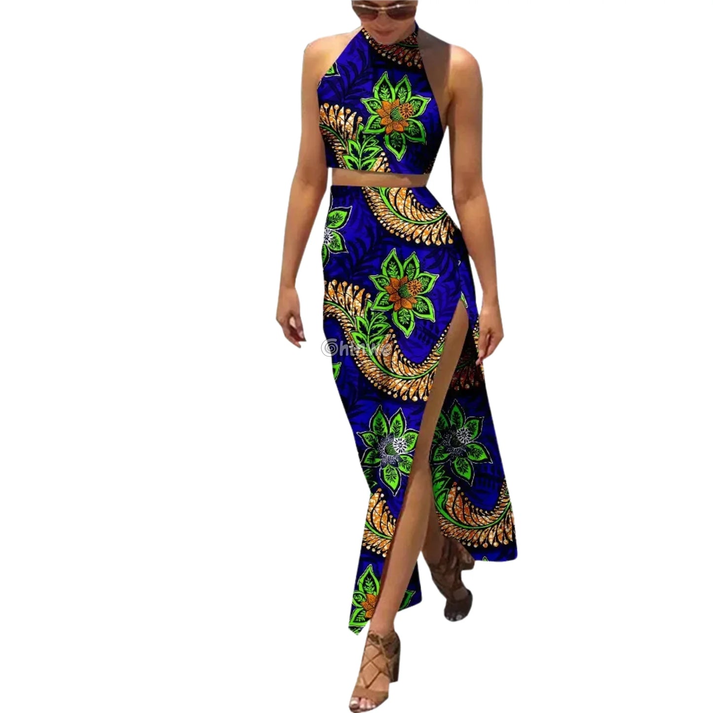 Summer Days Halter Two Piece Set Slit Maxi Skirt and Crop Top Snakevine Floral / Customized Women’s Clothing