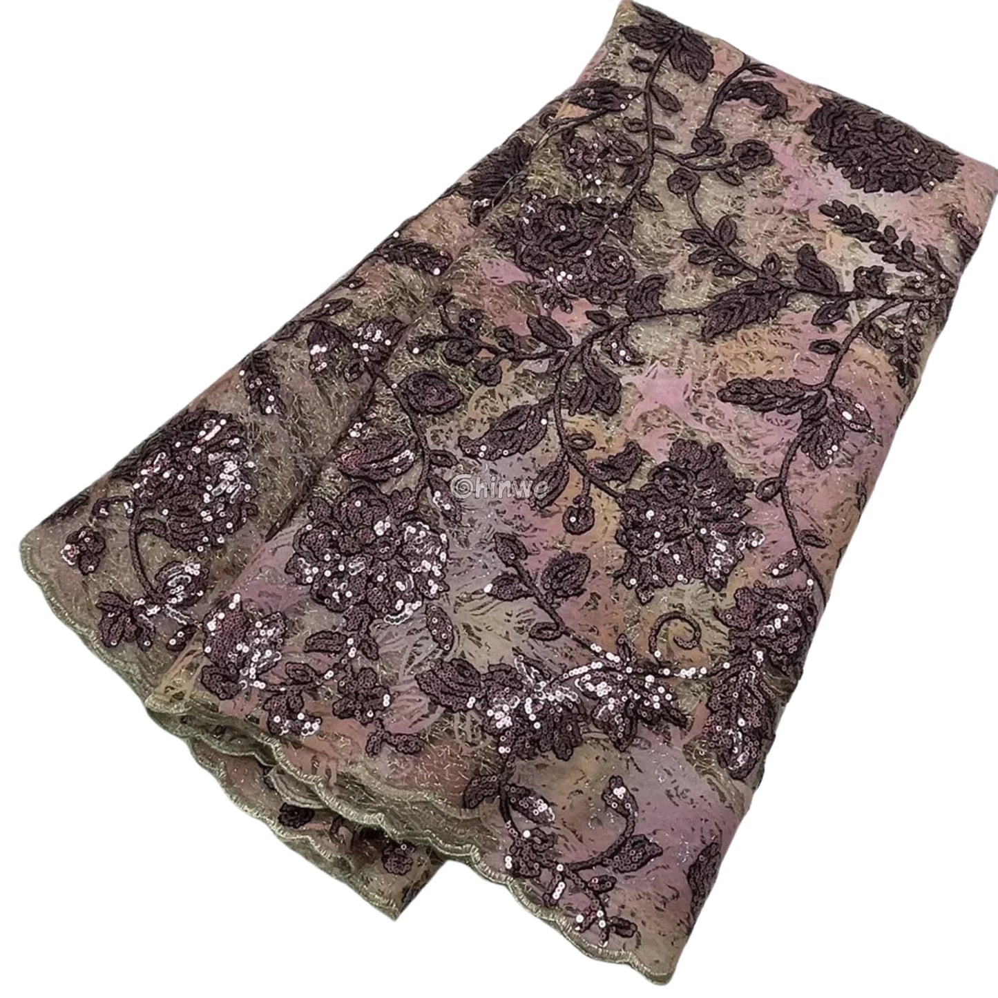 Sequined Floral Vine Embroidered Lace with Sheer Textured Base and Shimmer Finish Mauve pink with wine sequins / 5