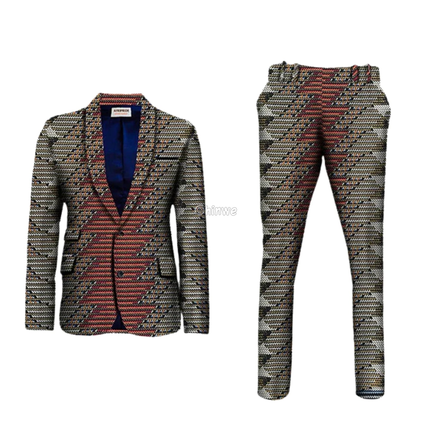 Two Piece Slim Fit African Wax Suit Custom Tailored Blazer & Trousers Set Ash Wave Stripe Suit / Customized Men’s