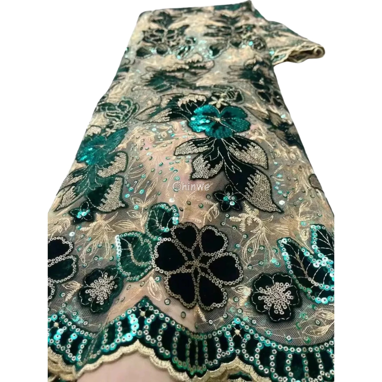Champagne Mesh Floral Velvet Appliqué Sequined Lace Fabric with Scalloped Floral Edge Teal Green & Champagne Velvet