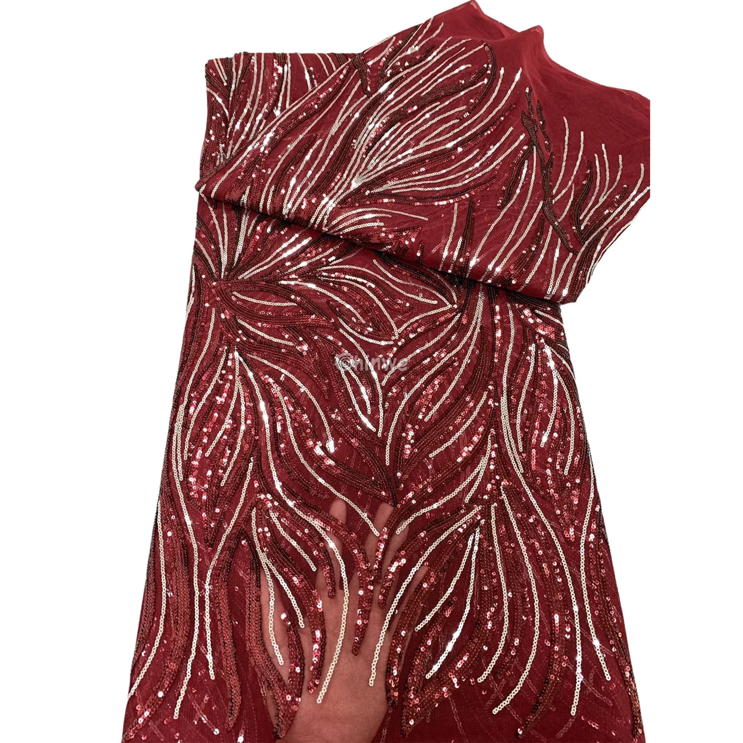 Sequin Embroidered Mesh Lace Fabric with Flowing Flame Motif and Sheer Illusion Base Crimson Red / 5yard Lace