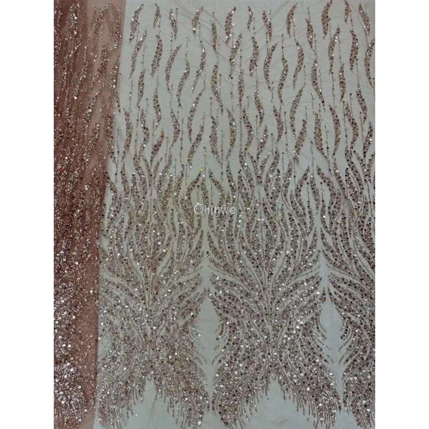 Sequin Beaded Tulle Mesh Fabric with Dripping Floral Shimmer & Textured Wave Pattern Lace