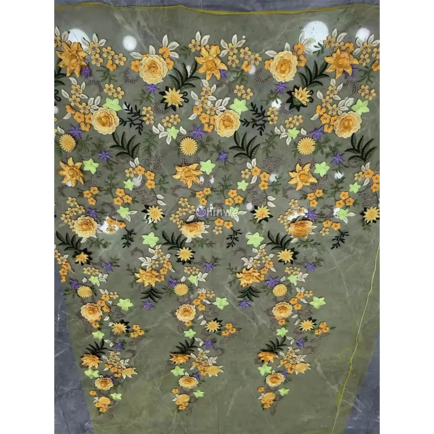 3D Floral Appliqué Lace on Sheer Mesh Raised Embroidered Flowers and Leaves Lace