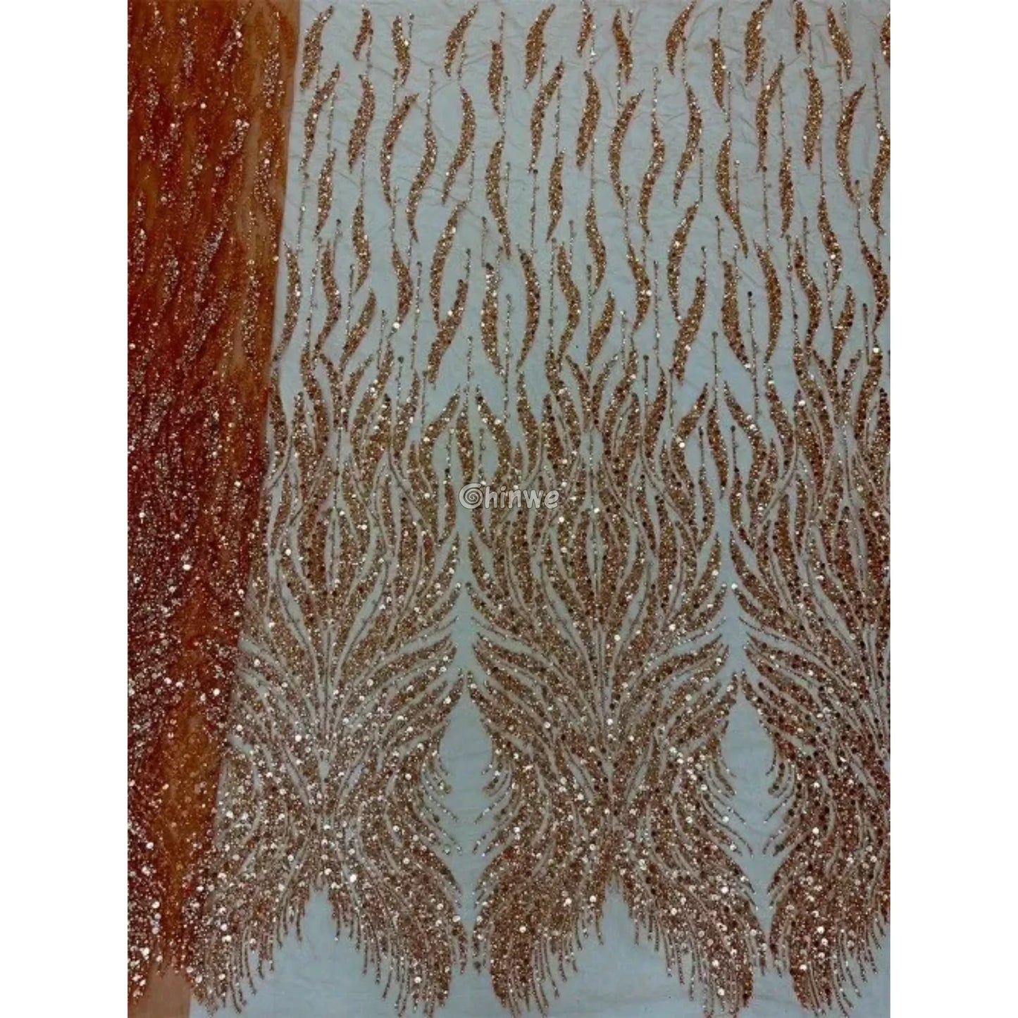 Sequin Beaded Tulle Mesh Fabric with Dripping Floral Shimmer & Textured Wave Pattern Lace