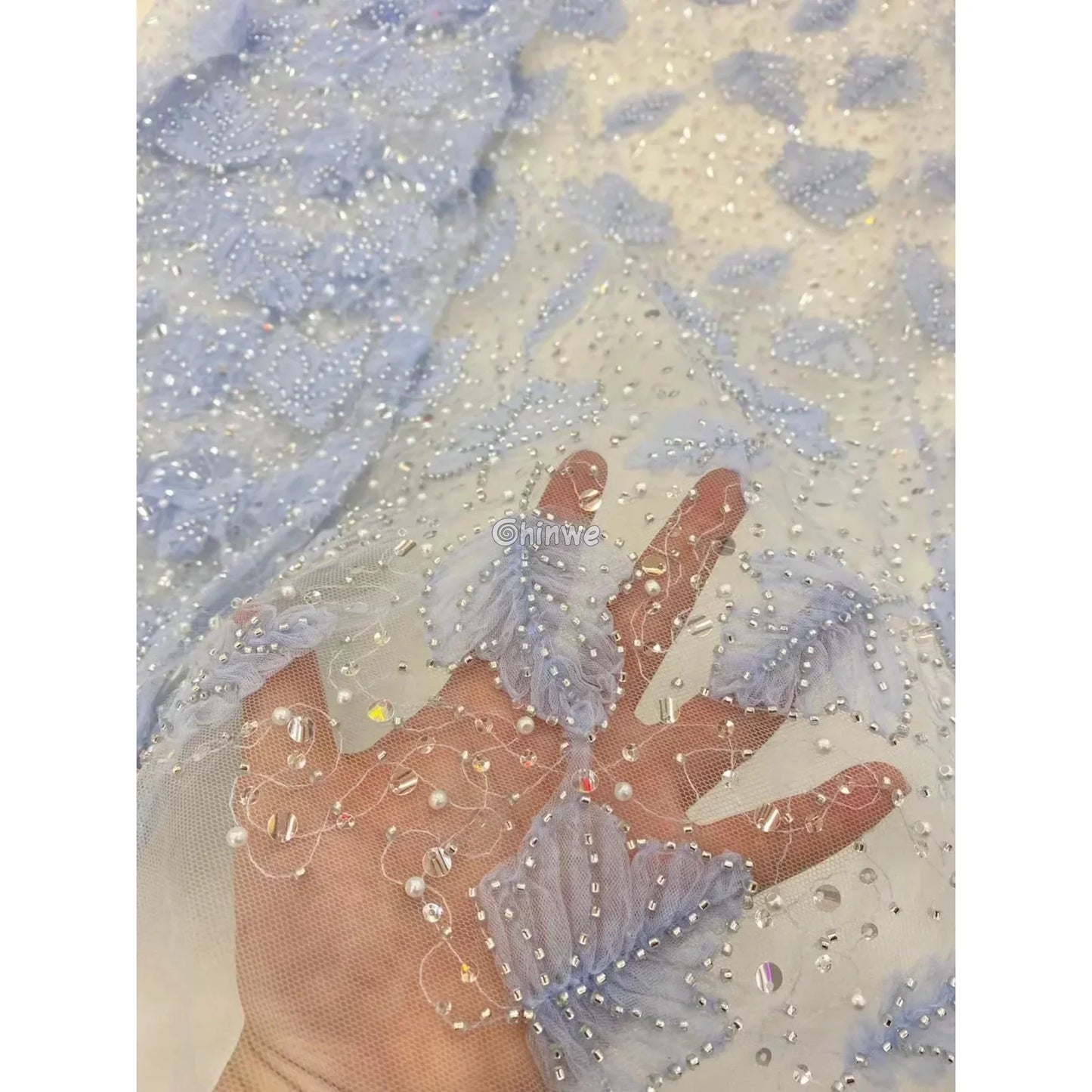 Beaded 3D Leaf Lace with Iridescent Accents on Soft Mesh for Luxury Garment Crafting Lace
