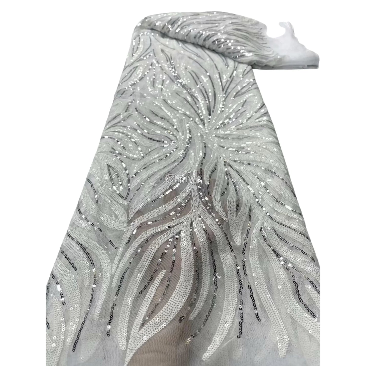 Sequin Embroidered Mesh Lace Fabric with Flowing Flame Motif and Sheer Illusion Base Lace