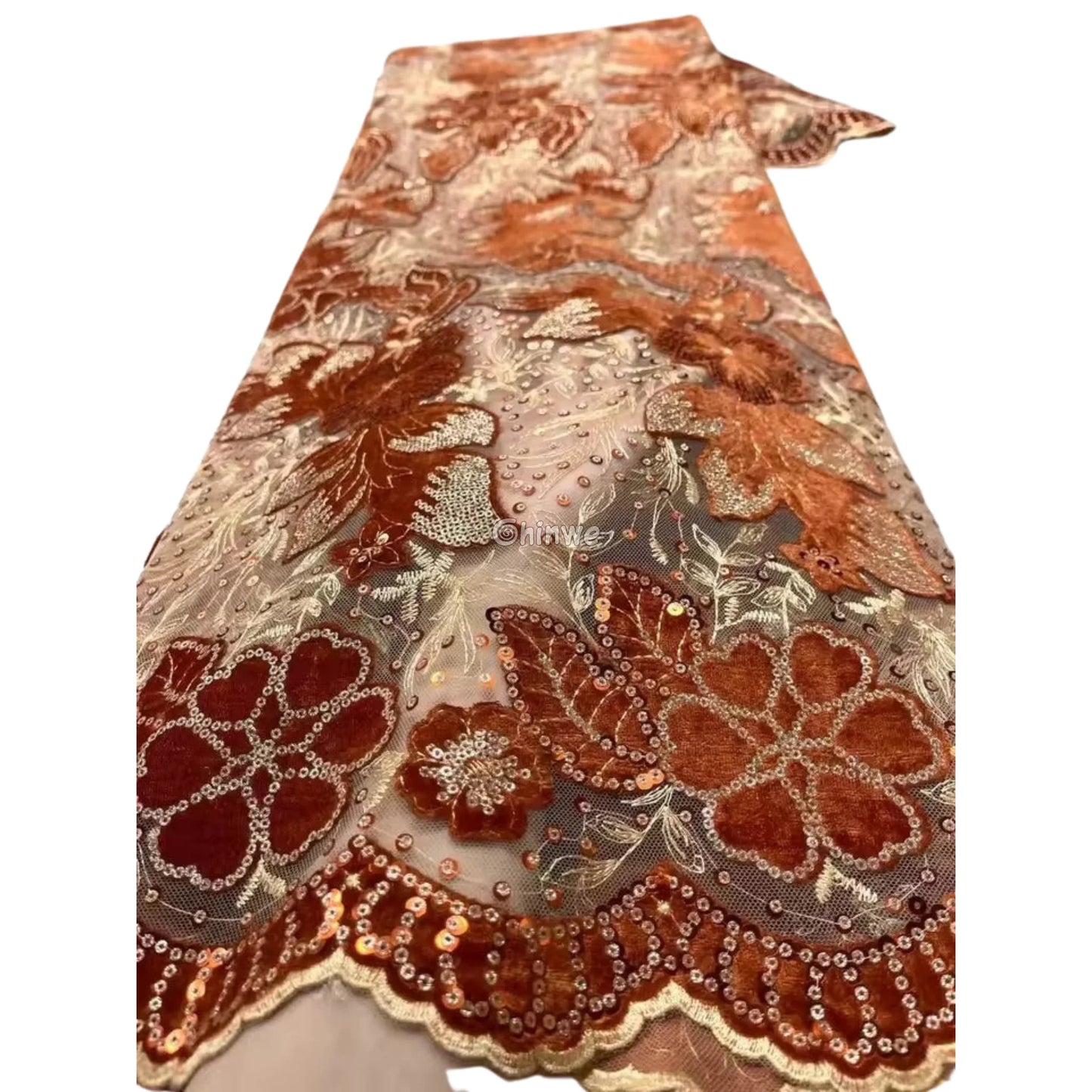 Champagne Mesh Floral Velvet Appliqué Sequined Lace Fabric with Scalloped Floral Edge