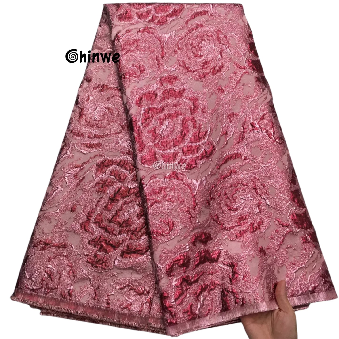 Textured Damask & Brocade Lace Fabric with Raised Floral Motif and Metallic Sheen Gradient