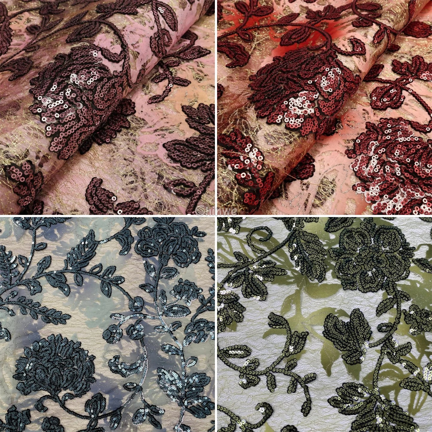 Sequined Floral Vine Embroidered Lace with Sheer Textured Base and Shimmer Finish Lace