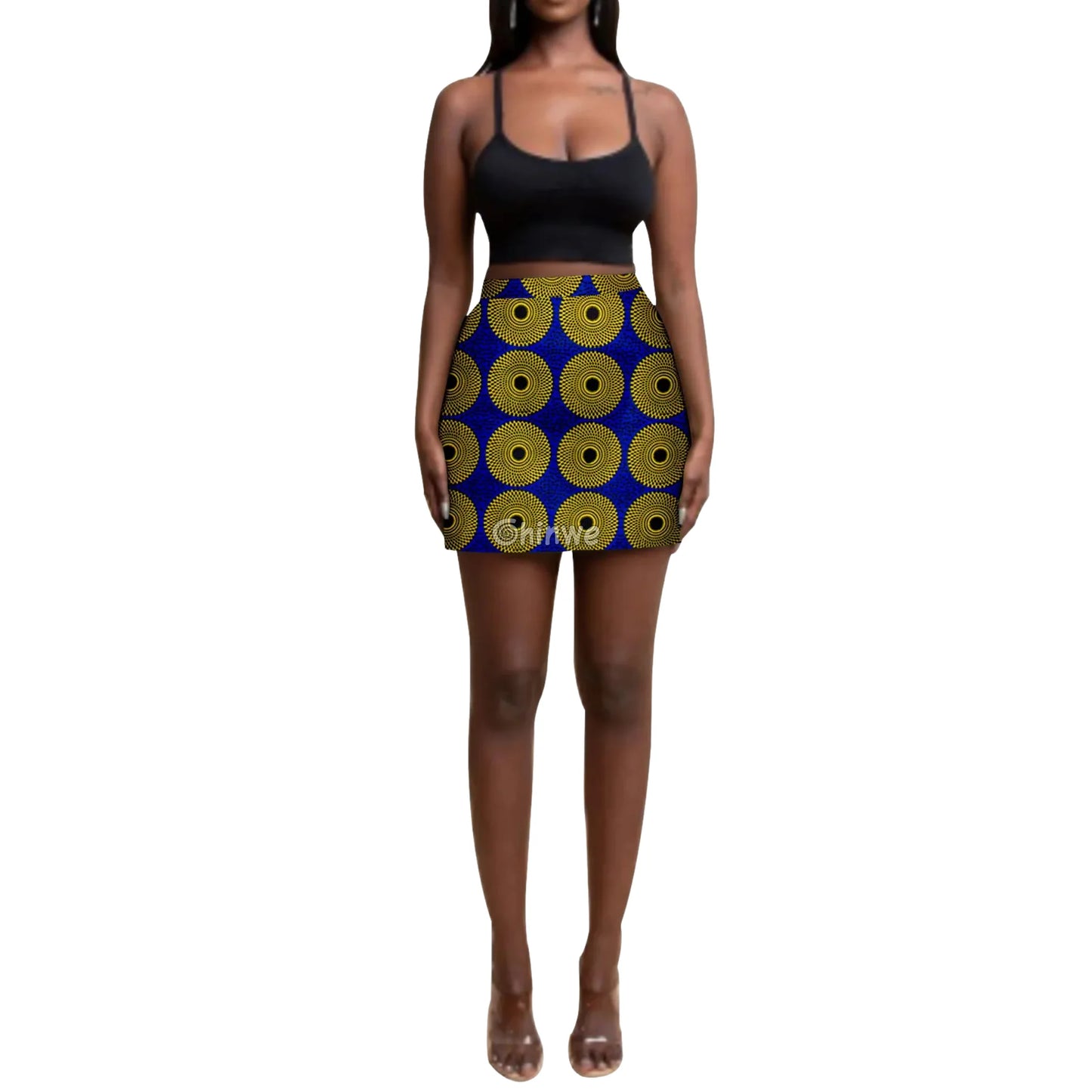 Statement Print High Waisted A Line Pencil Mini Skirt - Yellow Spiral Dot Ankara Mini Skirt / Customized - Women’s