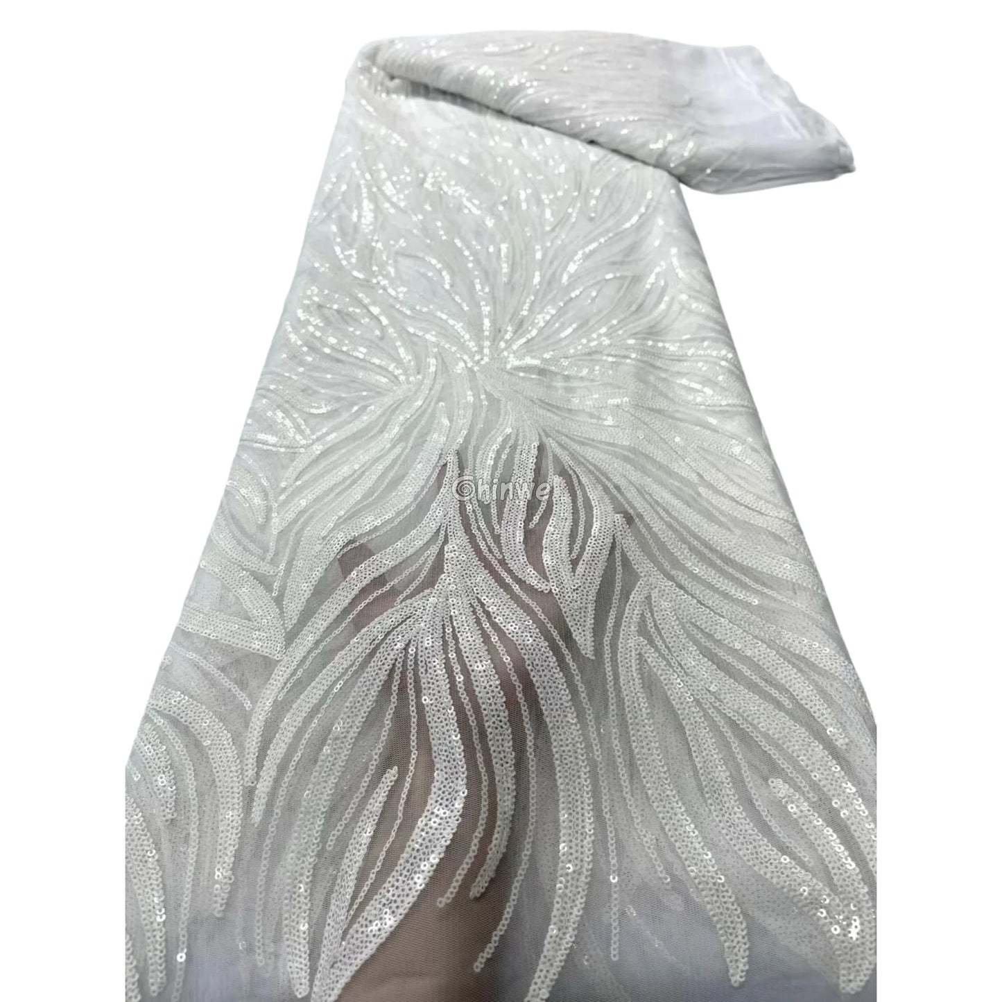 Sequin Embroidered Mesh Lace Fabric with Flowing Flame Motif and Sheer Illusion Base Lace