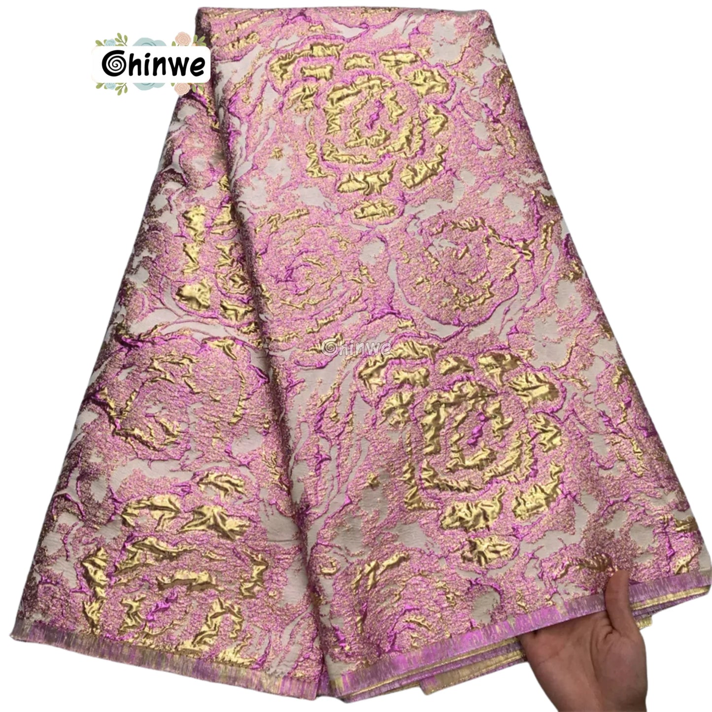 Textured Damask & Brocade Lace Fabric with Raised Floral Motif and Metallic Sheen Gradient