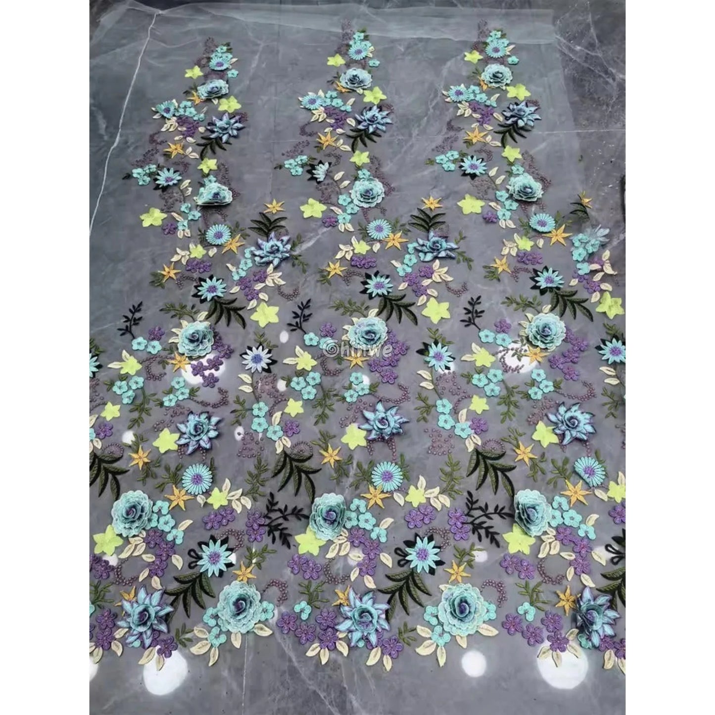 3D Floral Appliqué Lace on Sheer Mesh Raised Embroidered Flowers and Leaves Lace