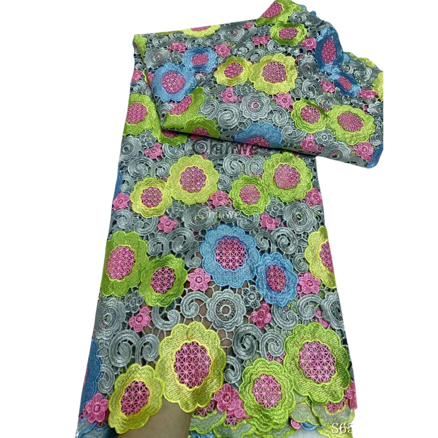 Multicolor Floral Embroidered Guipure Lace with 3D Bloom Overlay & Scalloped Edge Detailing, African Water Soluble Lace Fabric, Guipure Cord Lace Fabric