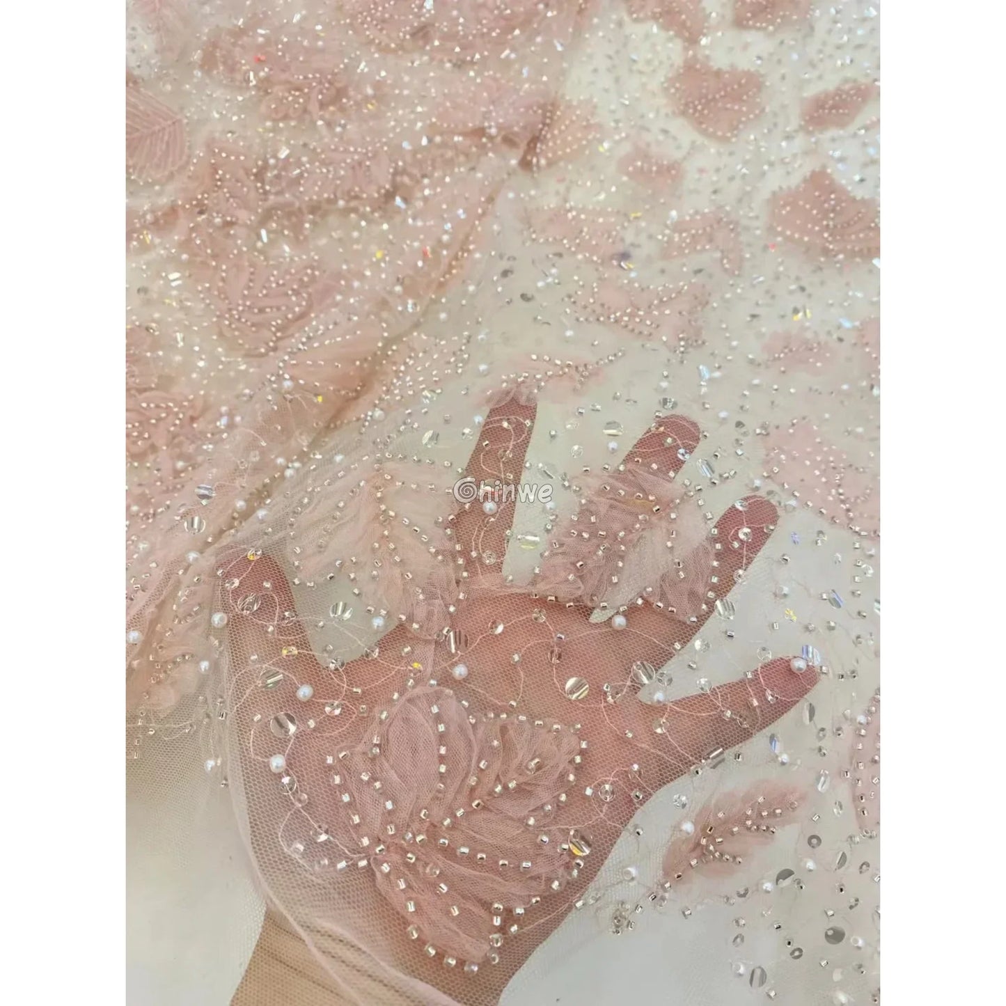 Beaded 3D Leaf Lace with Iridescent Accents on Soft Mesh for Luxury Garment Crafting Lace