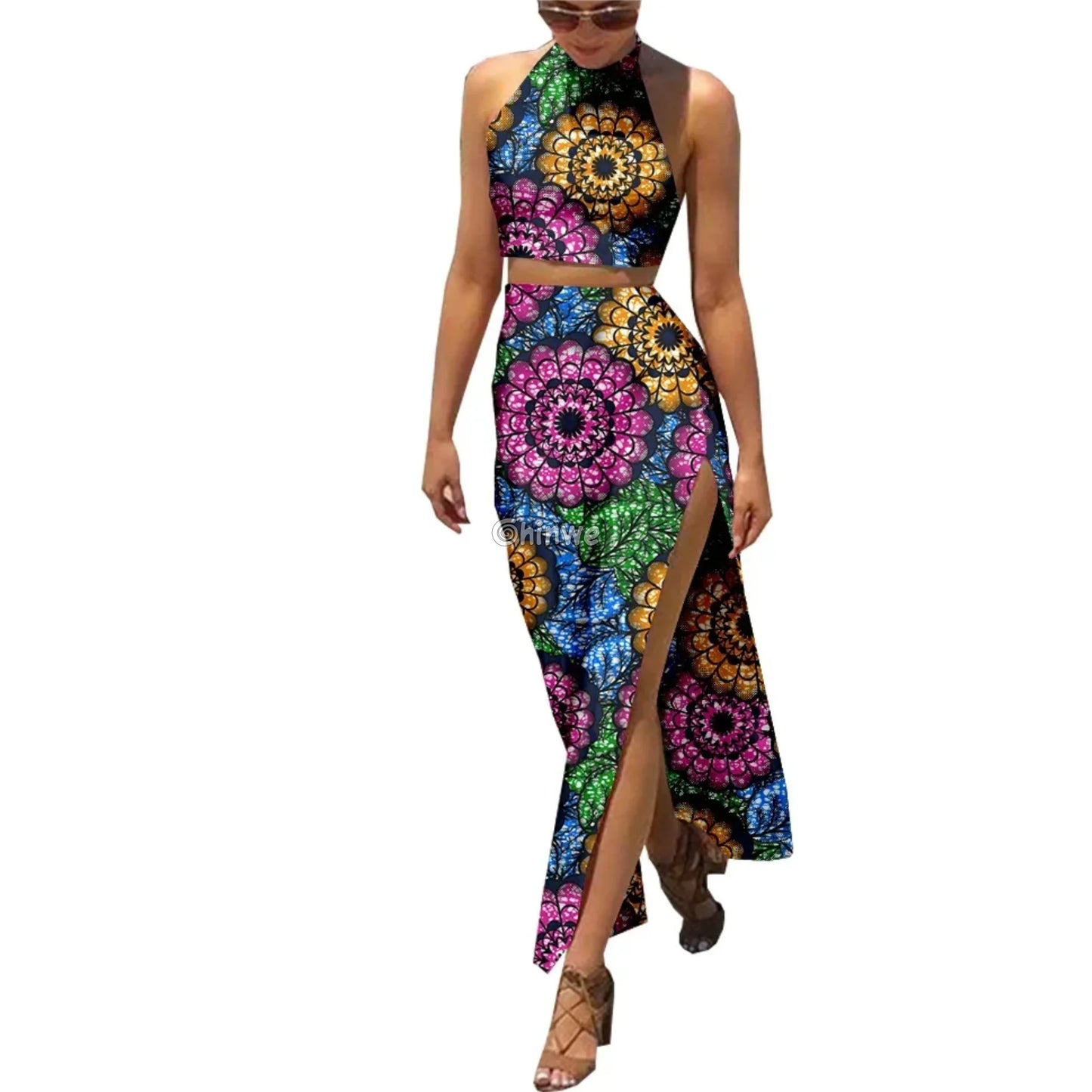 Summer Days Halter Two Piece Set Slit Maxi Skirt and Crop Top Sunburst Garden / Customized Women’s Clothing
