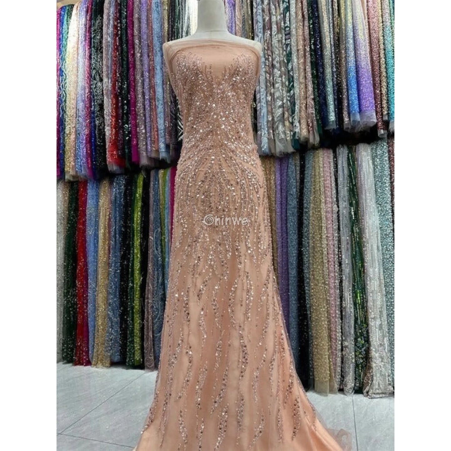 Sequin Beaded Tulle Mesh Fabric with Dripping Floral Shimmer & Textured Wave Pattern Lace