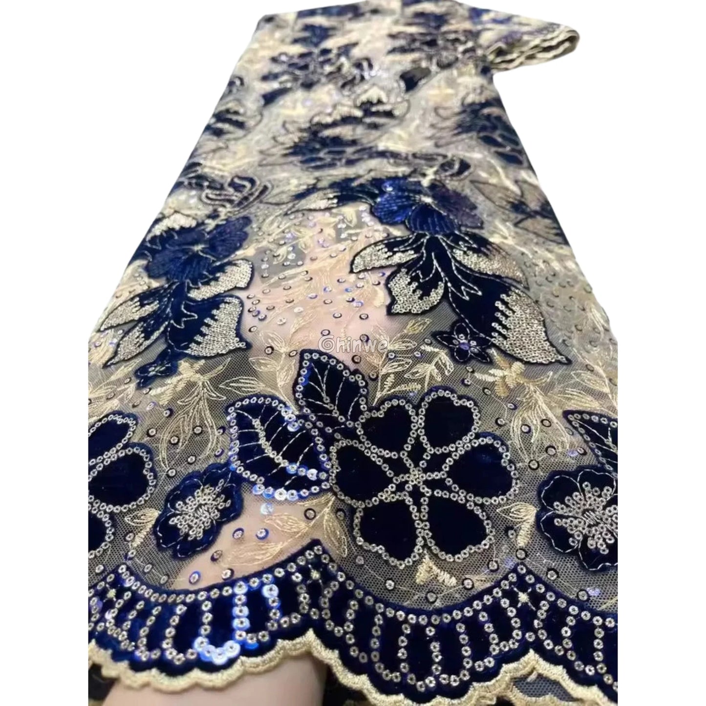 Champagne Mesh Floral Velvet Appliqué Sequined Lace Fabric with Scalloped Floral Edge
