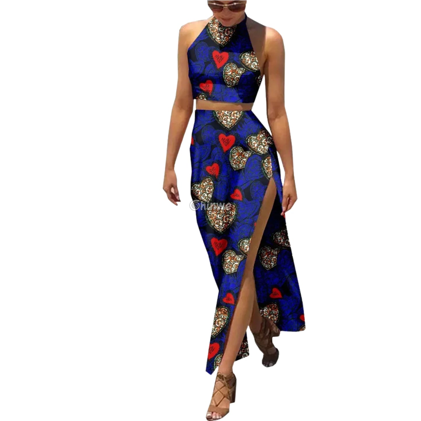 Summer Days Halter Two Piece Set Slit Maxi Skirt and Crop Top Heart Bloom / Customized Women’s Clothing