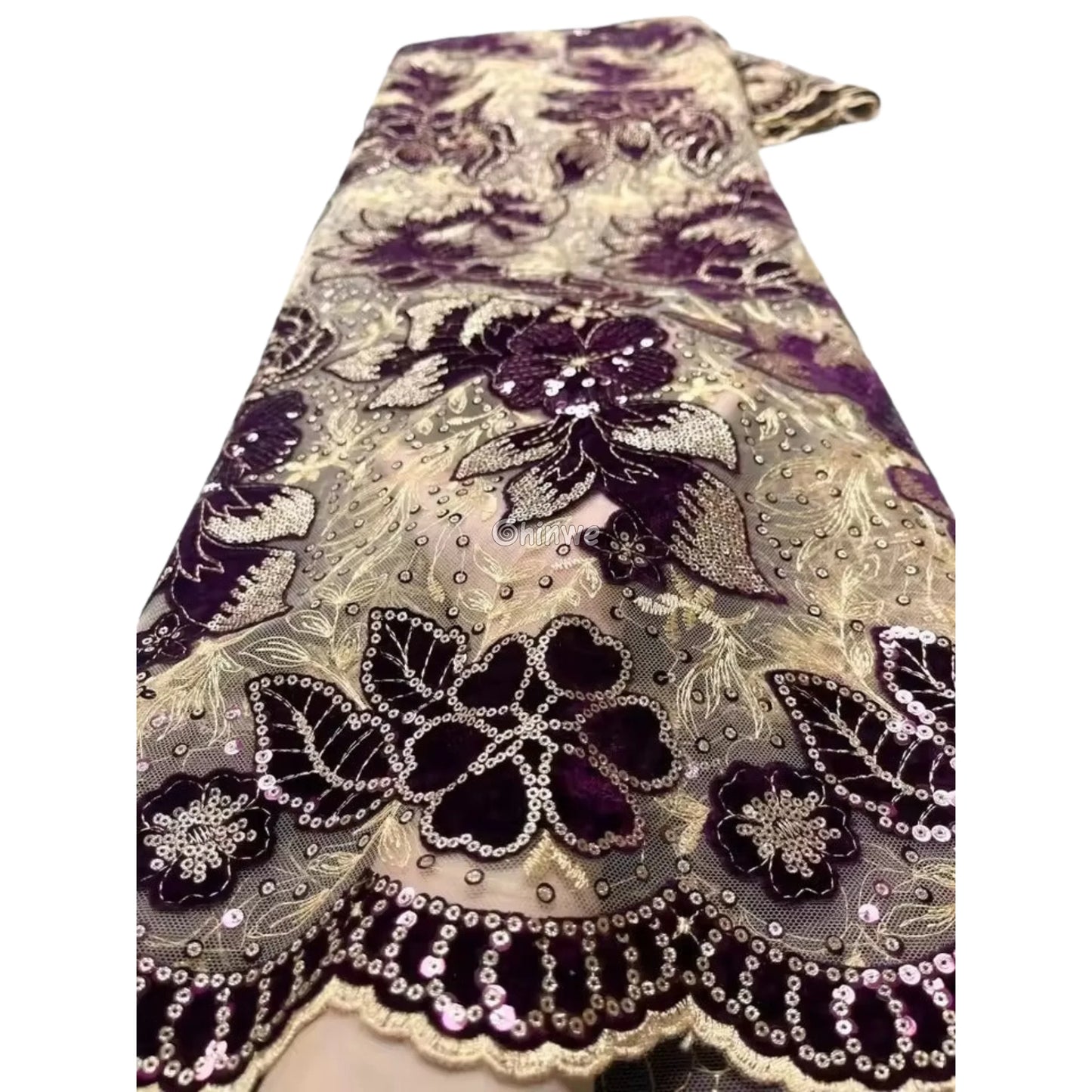 Champagne Mesh Floral Velvet Appliqué Sequined Lace Fabric with Scalloped Floral Edge