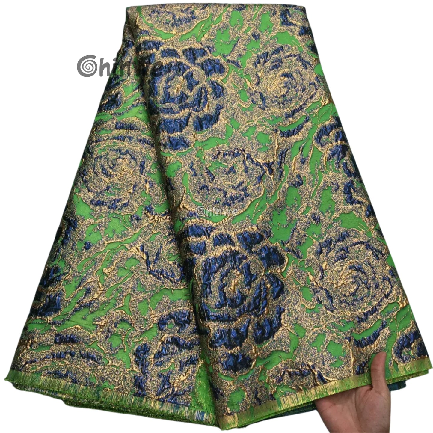 Textured Damask & Brocade Lace Fabric with Raised Floral Motif and Metallic Sheen Gradient
