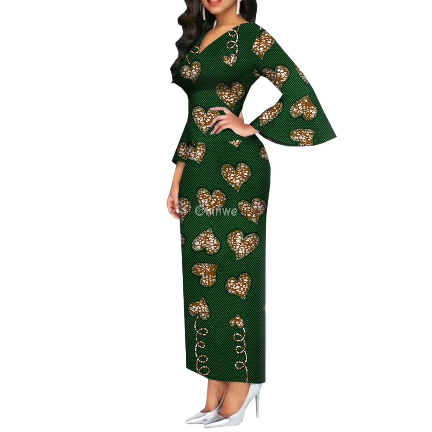 Imani One Shoulder Flare Sleeve Ankara Dress In Mystic Roots Forest Heart Lines / Customized Women’s Clothing
