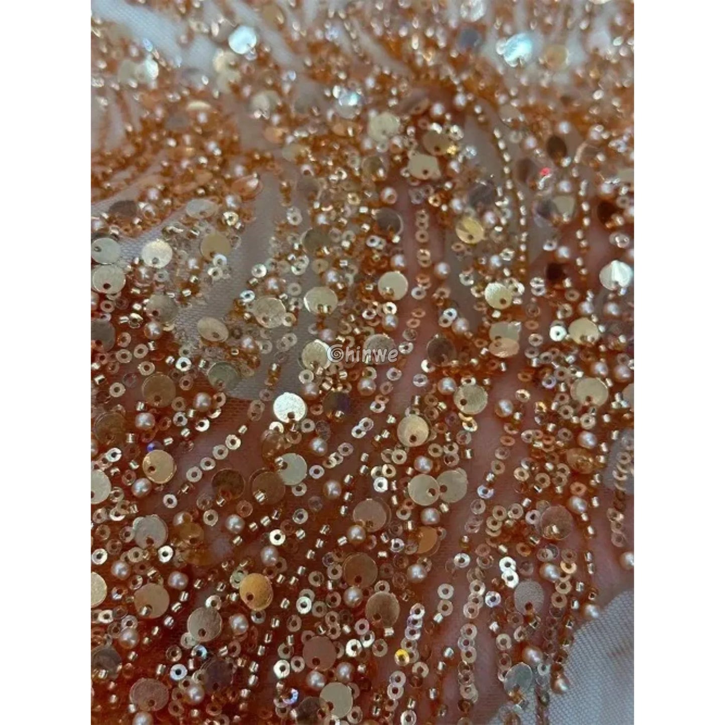 Sequin Beaded Tulle Mesh Fabric with Dripping Floral Shimmer & Textured Wave Pattern Lace