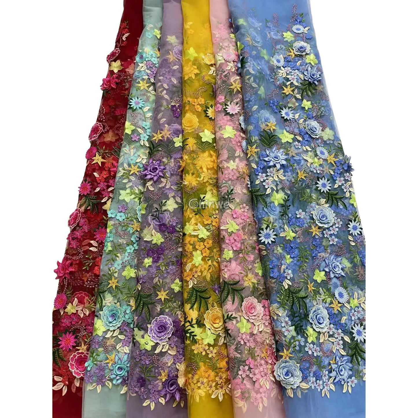 3D Floral Appliqué Lace on Sheer Mesh Raised Embroidered Flowers and Leaves Lace
